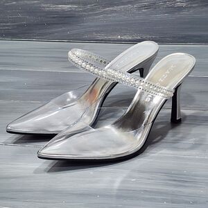 MATEO BY INC Cindy Stiletto Dress Sandles Heeled Mules Clear Pointy Toe 9.5 M